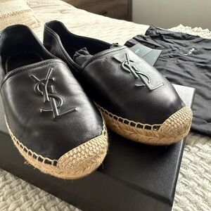 YSL Saint Laurent Black Leather Espadrille Flat Shoes (Size 38)